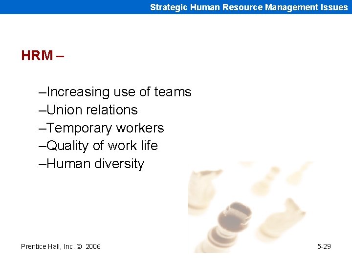 Strategic Human Resource Management Issues HRM – –Increasing use of teams –Union relations –Temporary