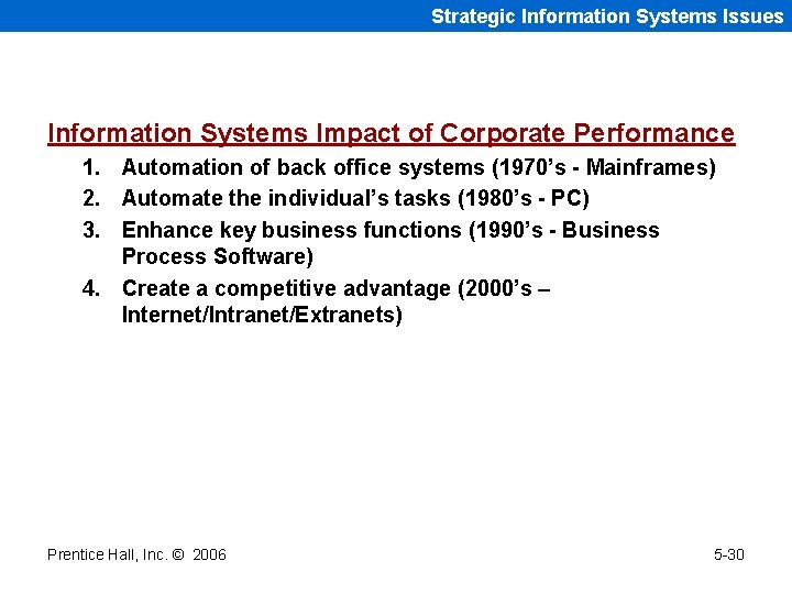 Strategic Information Systems Issues Information Systems Impact of Corporate Performance 1. Automation of back