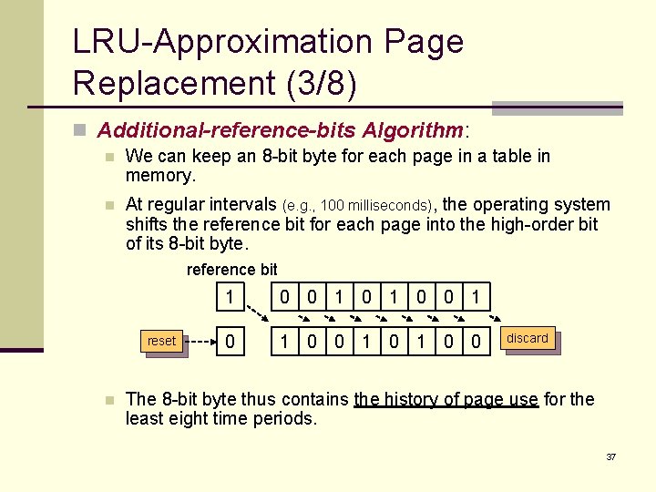 LRU-Approximation Page Replacement (3/8) n Additional-reference-bits Algorithm: n We can keep an 8 -bit