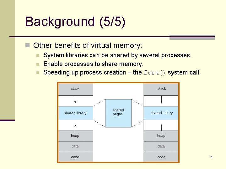 Background (5/5) n Other benefits of virtual memory: n n n System libraries can
