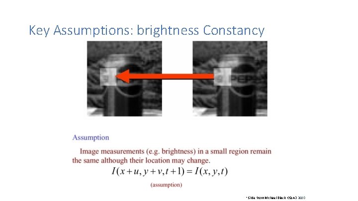 Key Assumptions: brightness Constancy * Slide from Michael Black, CS 143 2003 