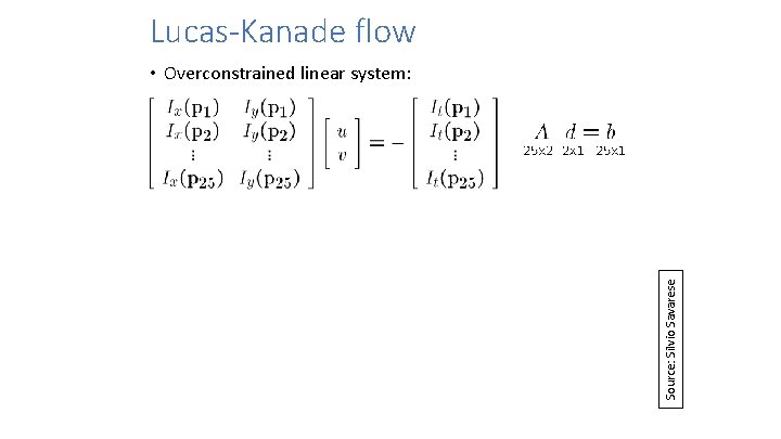 Lucas-Kanade flow Source: Silvio Savarese • Overconstrained linear system: 