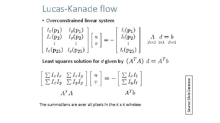 Lucas-Kanade flow • Overconstrained linear system The summations are over all pixels in the