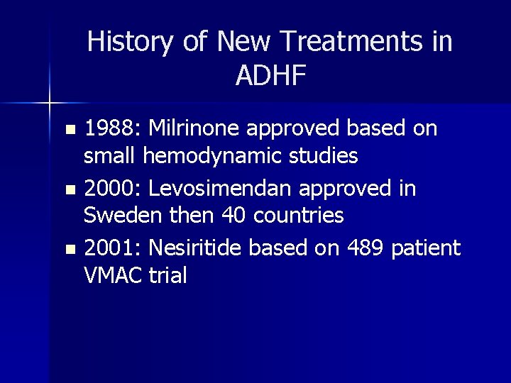 History of New Treatments in ADHF 1988: Milrinone approved based on small hemodynamic studies