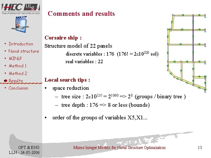 Comments and results • Introduction • Naval structure • MINLP • Method 1 Corsaire