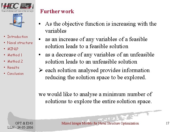 Further work • Introduction • Naval structure • MINLP • Method 1 • Method