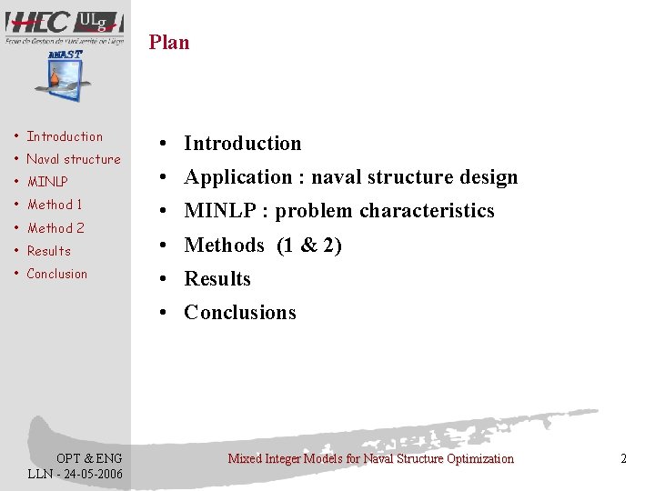 Plan • Introduction • Naval structure • Introduction • MINLP • Application : naval