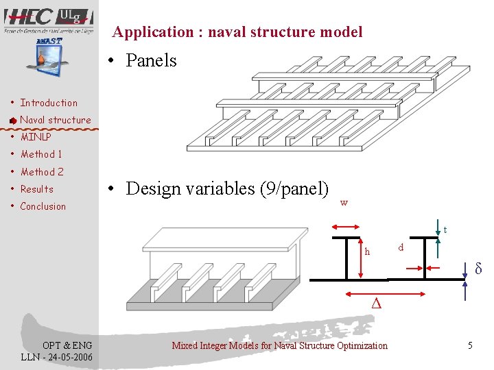 Application : naval structure model • Panels • Introduction • Naval structure • MINLP