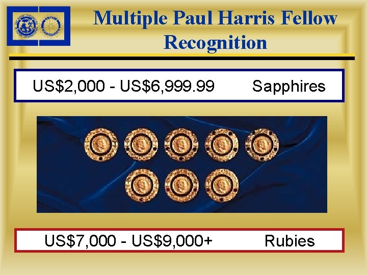 Multiple Paul Harris Fellow Recognition US$2, 000 - US$6, 999. 99 Sapphires US$7, 000