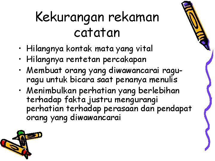 Kekurangan rekaman catatan • Hilangnya kontak mata yang vital • Hilangnya rentetan percakapan •