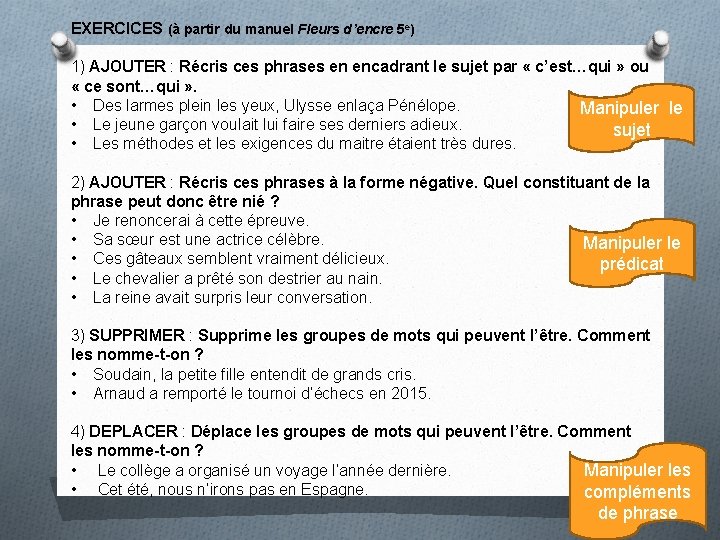 EXERCICES (à partir du manuel Fleurs d’encre 5 e) 1) AJOUTER : Récris ces