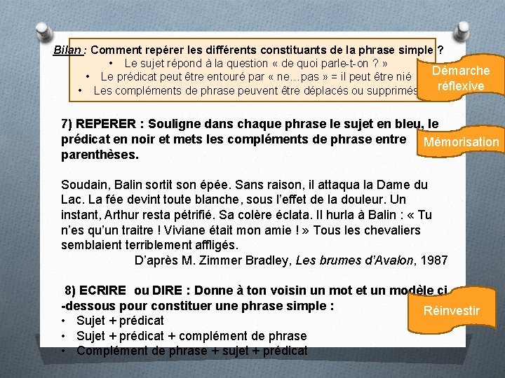  Bilan : Comment repérer les différents constituants de la phrase simple ? •