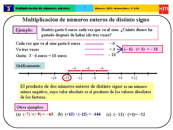 Tema: 3 1 Multiplicación de números enteros Números 2001 - Matemáticas 1. º ESO