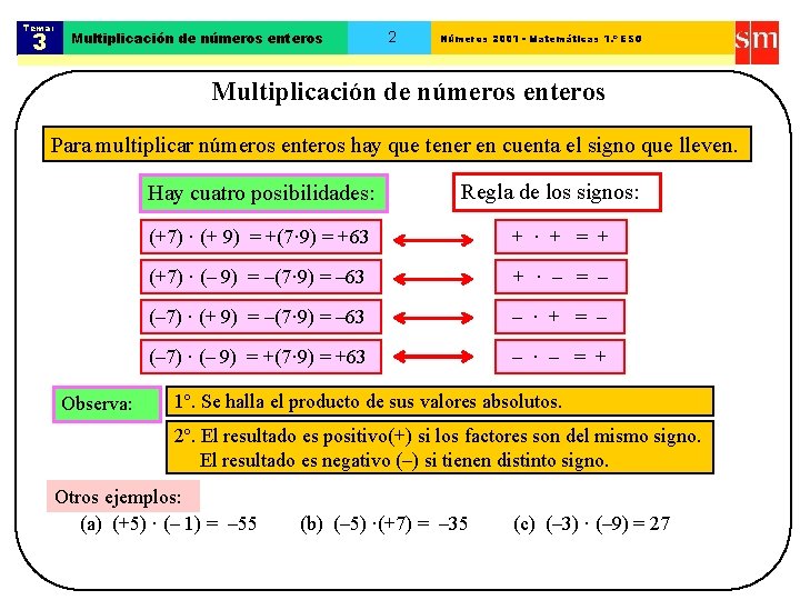 Tema: 3 Multiplicación de números enteros 2 Números 2001 - Matemáticas 1. º ESO