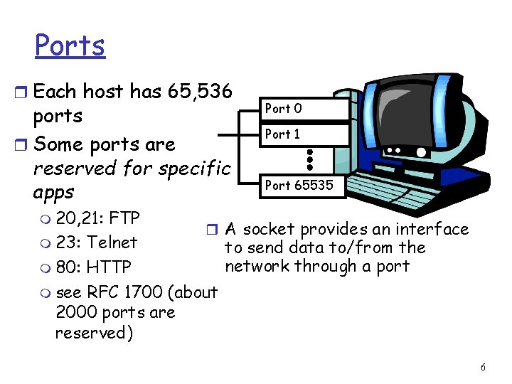 Ports r Each host has 65, 536 ports r Some ports are reserved for