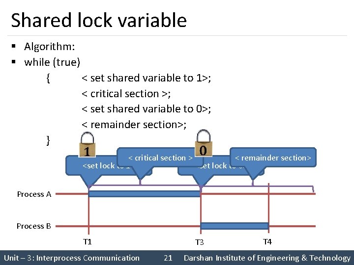 Shared lock variable § Algorithm: § while (true) { < set shared variable to
