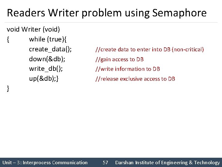 Readers Writer problem using Semaphore void Writer (void) { while (true){ create_data(); down(&db); write_db();