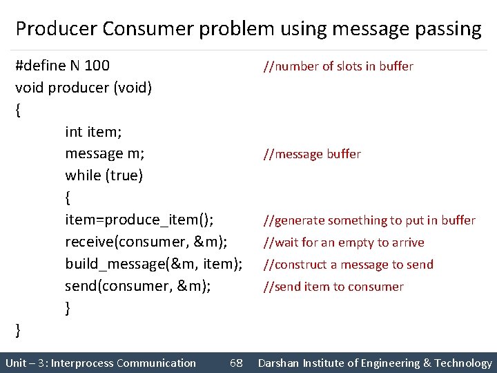 Producer Consumer problem using message passing #define N 100 void producer (void) { int