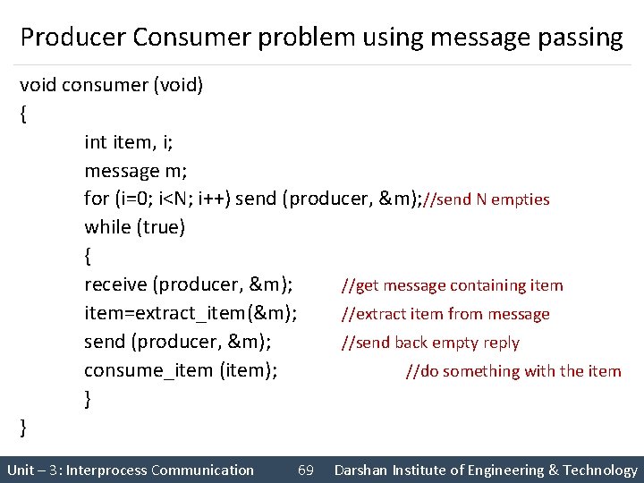 Producer Consumer problem using message passing void consumer (void) { int item, i; message