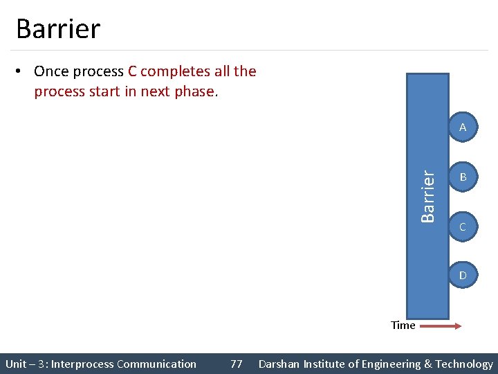 Barrier • Once process C completes all the process start in next phase. Barrier