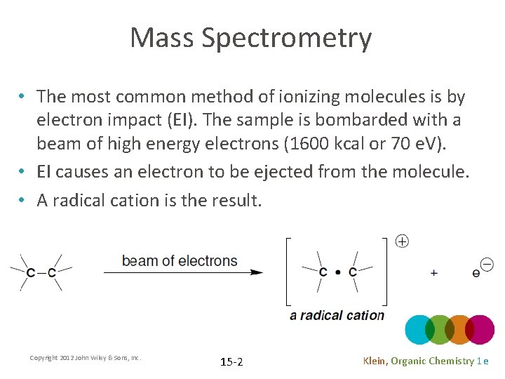 Mass Spectrometry • The most common method of ionizing molecules is by electron impact