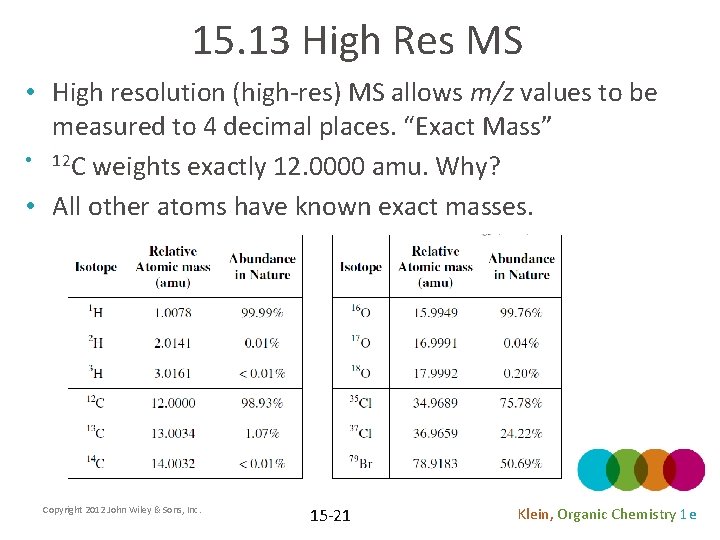 15. 13 High Res MS • High resolution (high-res) MS allows m/z values to