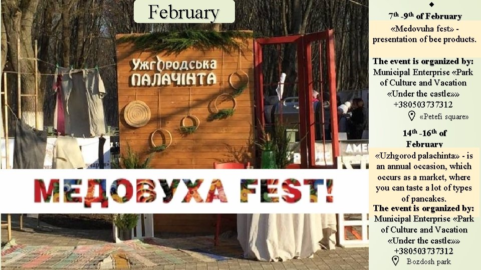 February 7 th -9 th of February «Medovuha fest» presentation of bee products. The