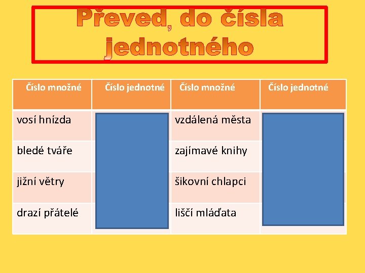 Číslo množné Číslo jednotné vosí hnízda vosí hnízdo vzdálená města vzdálené město bledé tváře