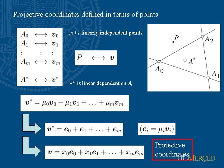 Projective coordinates defined in terms of points m+1 linearly independent points P A* is