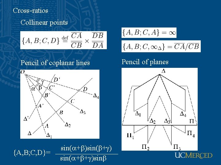 Cross-ratios Collinear points Pencil of coplanar lines {A, B; C, D}= sin( + )