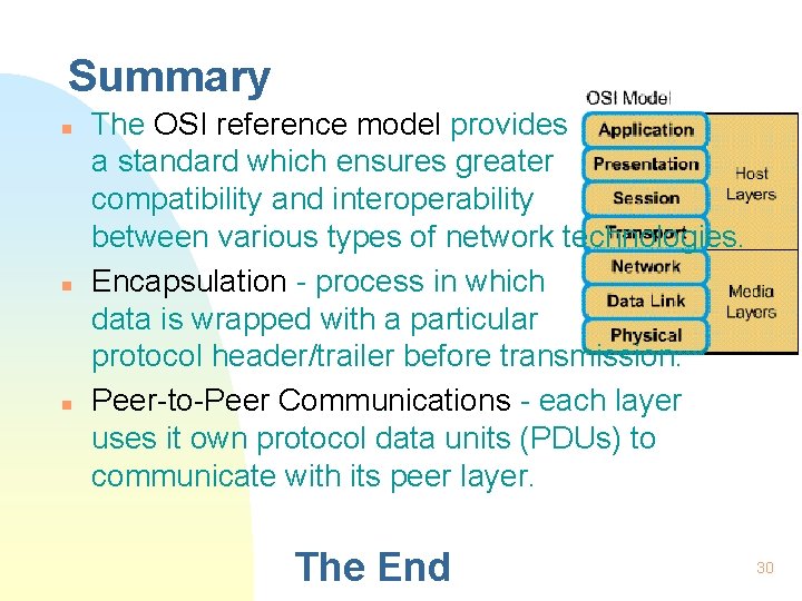 Summary n n n The OSI reference model provides a standard which ensures greater