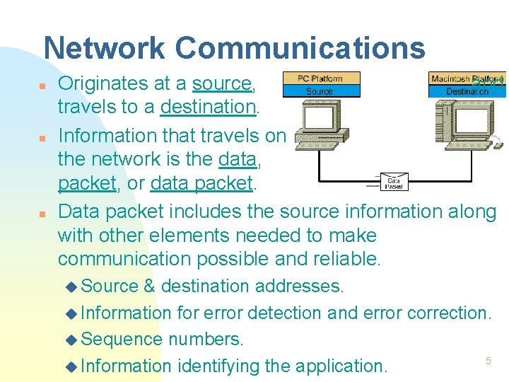 Network Communications n n n Originates at a source, and travels to a destination.