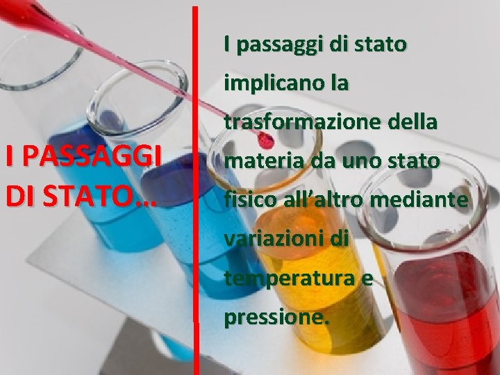 I passaggi di stato implicano la I PASSAGGI DI STATO… trasformazione della materia da