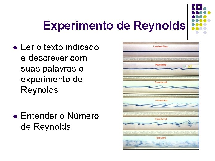 Experimento de Reynolds l Ler o texto indicado e descrever com suas palavras o