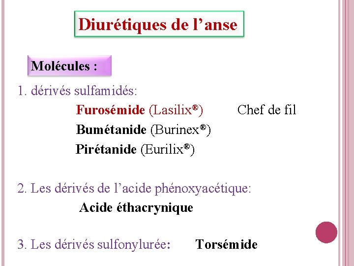 Diurétiques de l’anse Molécules : 1. dérivés sulfamidés: Furosémide (Lasilix®) Chef de fil Bumétanide