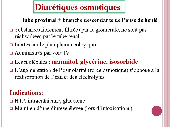 Diurétiques osmotiques tube proximal + branche descendante de l’anse de henlé Substances librement filtrées