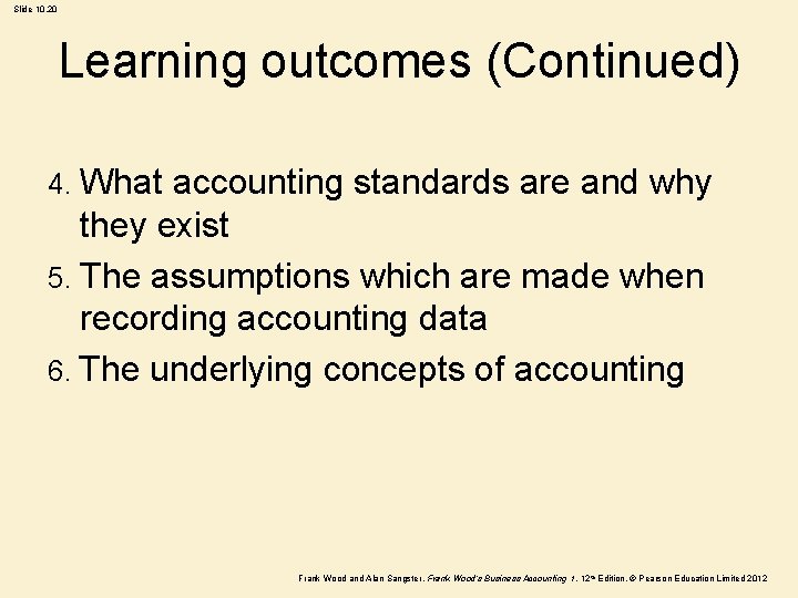 Slide 10. 20 Learning outcomes (Continued) 4. What accounting standards are and why they