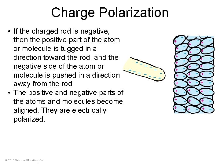 Charge Polarization • If the charged rod is negative, then the positive part of