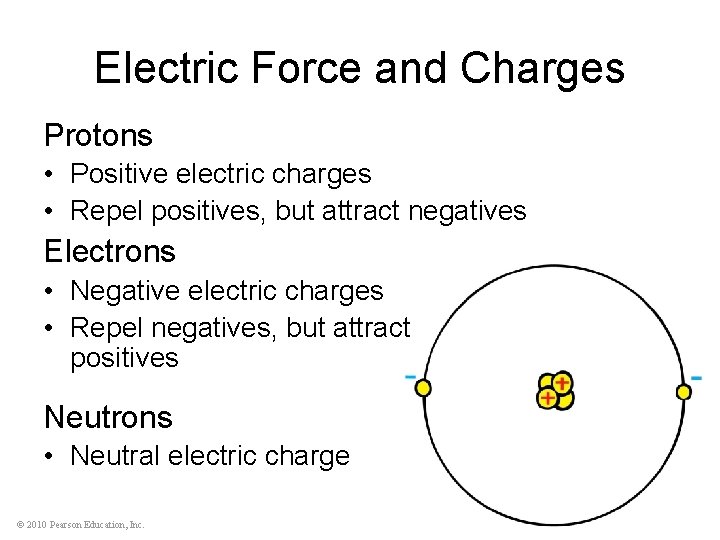 Electric Force and Charges Protons • Positive electric charges • Repel positives, but attract