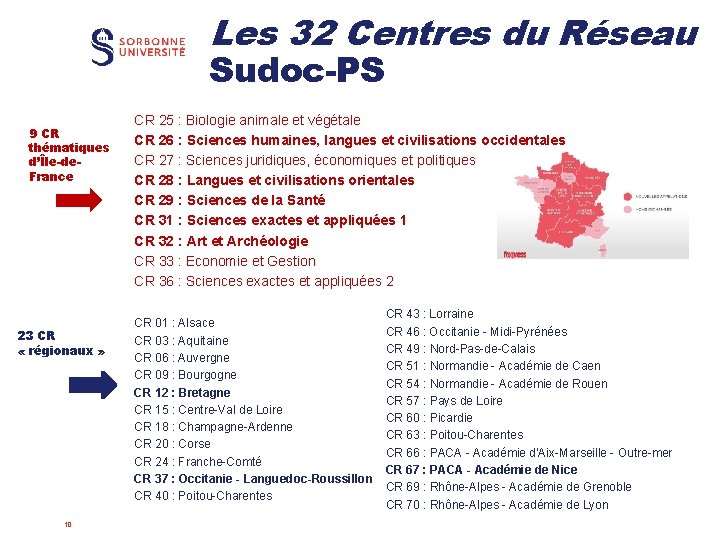 Les 32 Centres du Réseau Sudoc-PS 9 CR thématiques d’Île-de. France 23 CR «