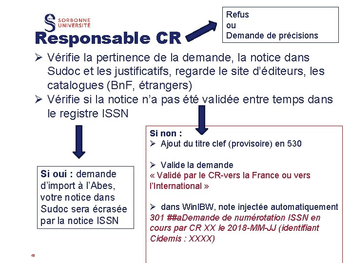 Responsable CR Refus ou Demande de précisions Ø Vérifie la pertinence de la demande,