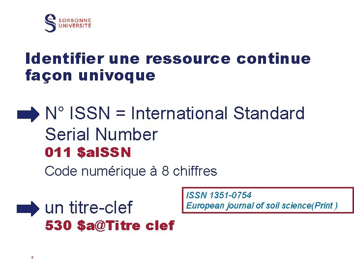 Identifier une ressource continue façon univoque N° ISSN = International Standard Serial Number 011