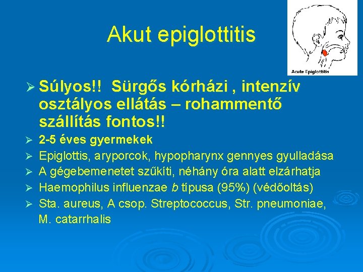 Akut epiglottitis Ø Súlyos!! Sürgős kórházi , intenzív osztályos ellátás – rohammentő szállítás fontos!!