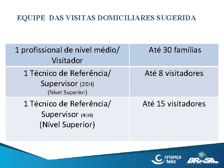 EQUIPE DAS VISITAS DOMICILIARES SUGERIDA 1 profissional de nível médio/ Visitador 1 Técnico de