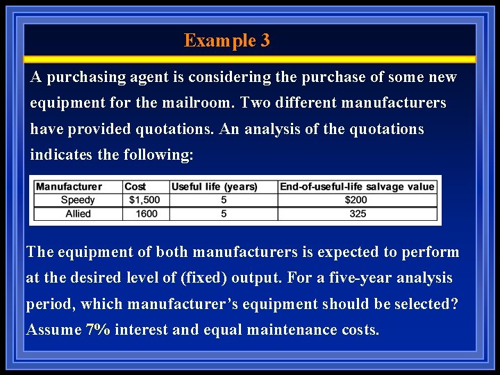 Example 3 A purchasing agent is considering the purchase of some new equipment for