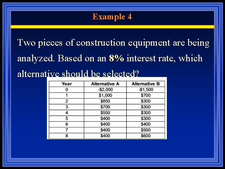 Example 4 Two pieces of construction equipment are being analyzed. Based on an 8%