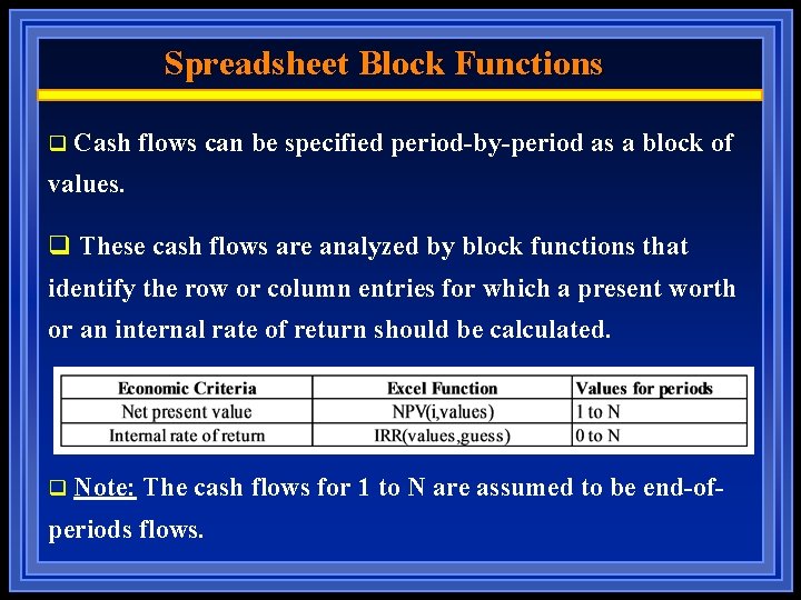 Spreadsheet Block Functions q Cash flows can be specified period-by-period as a block of