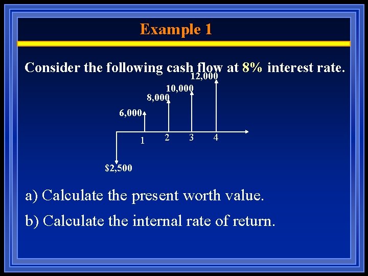 Example 1 Consider the following cash flow at 8% interest rate. 12, 000 10,