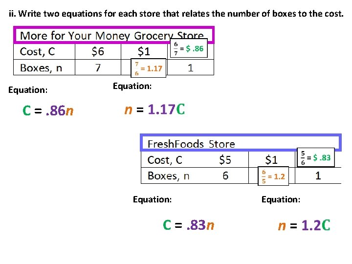 ii. Write two equations for each store that relates the number of boxes to ii. Write two equations for each store that relates the number of boxes to