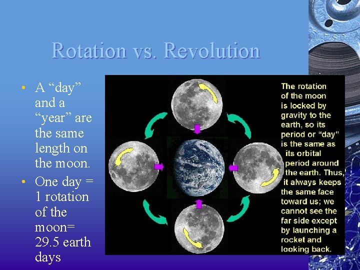Rotation vs. Revolution • A “day” and a “year” are the same length on